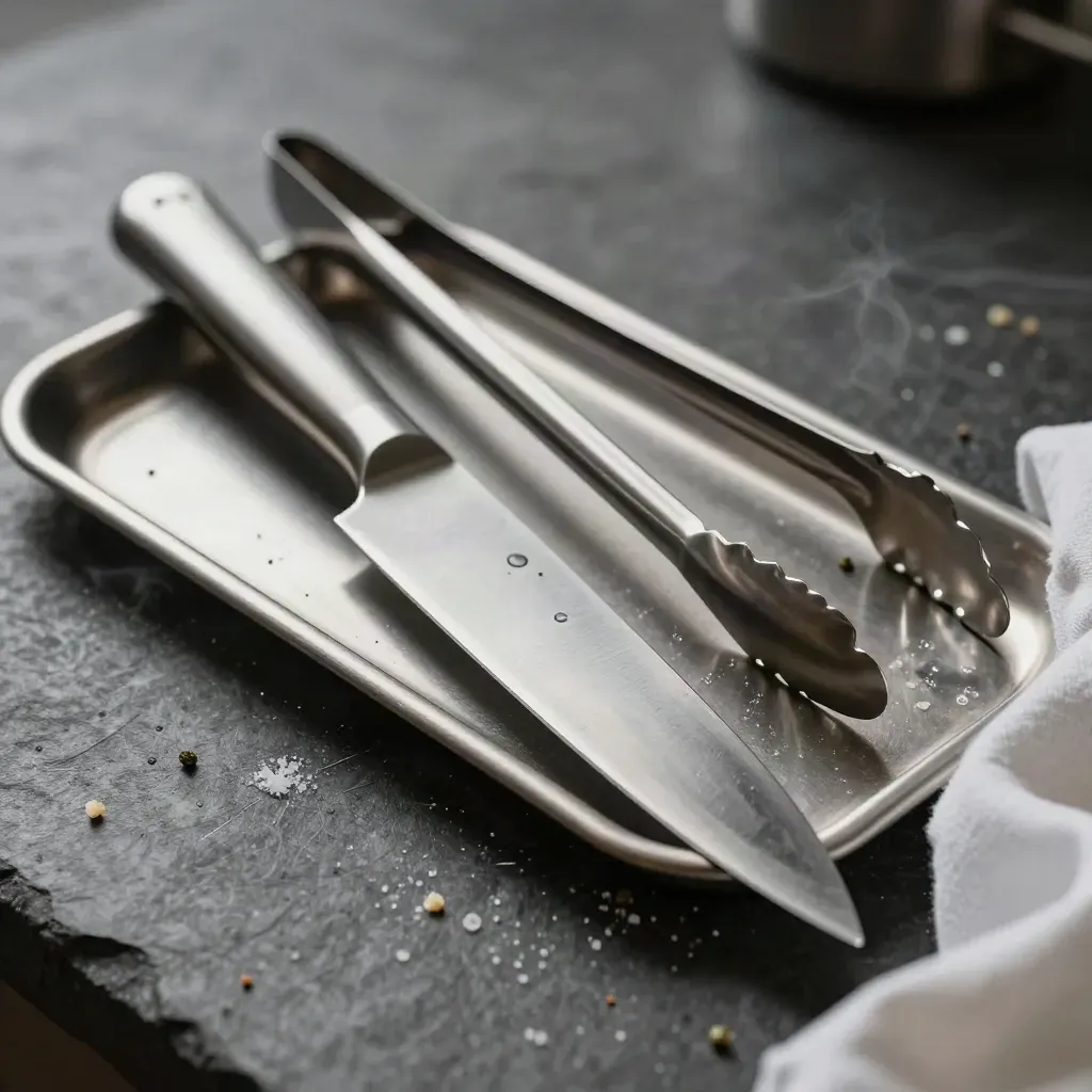 Coltello da chef, pinza e vaschetta in acciaio su pietra scura, con vapore e luce radente.