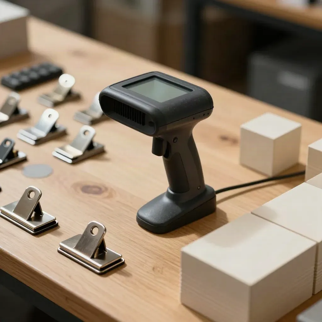 Scanner barcode rugged, sigilli antitaccheggio e clip metalliche su banco in legno chiaro