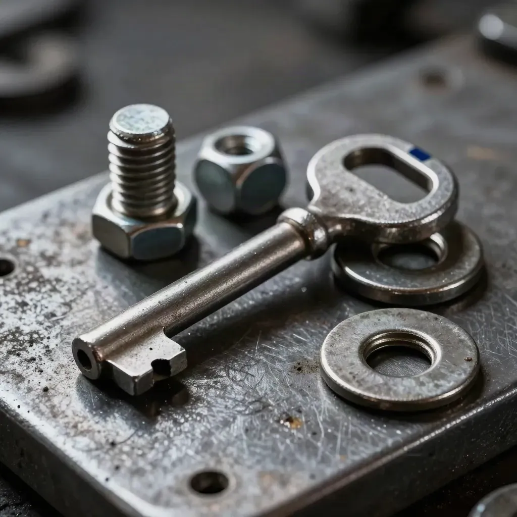 Chiave ferroviaria, bullone e rondella su piastra d’acciaio, luce drammatica e polvere d’officina