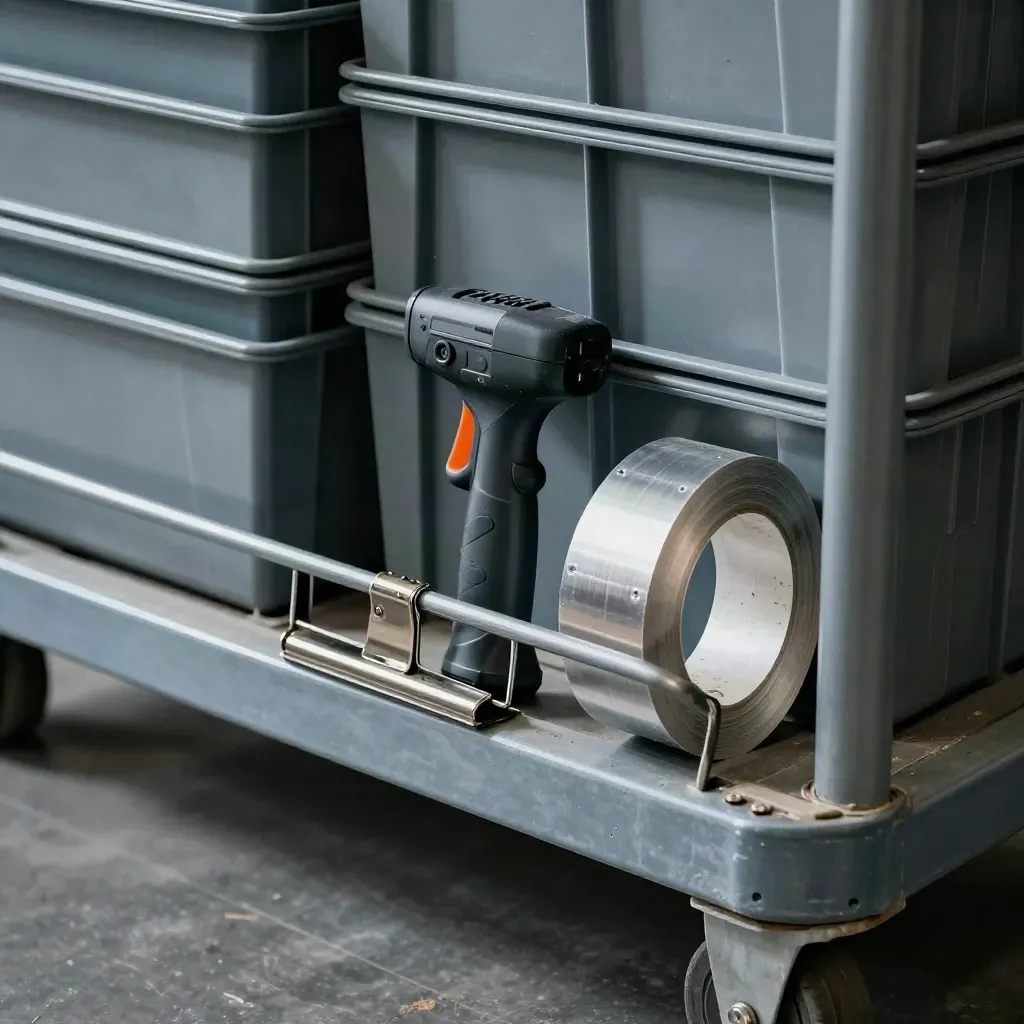 Carrello basso da magazzino con contenitori impilabili, scanner spento e nastro arrotolato.