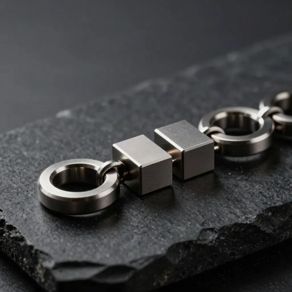 Anelli in acciaio e blocchi magnetici modulari su basalto nero, macro drammatica