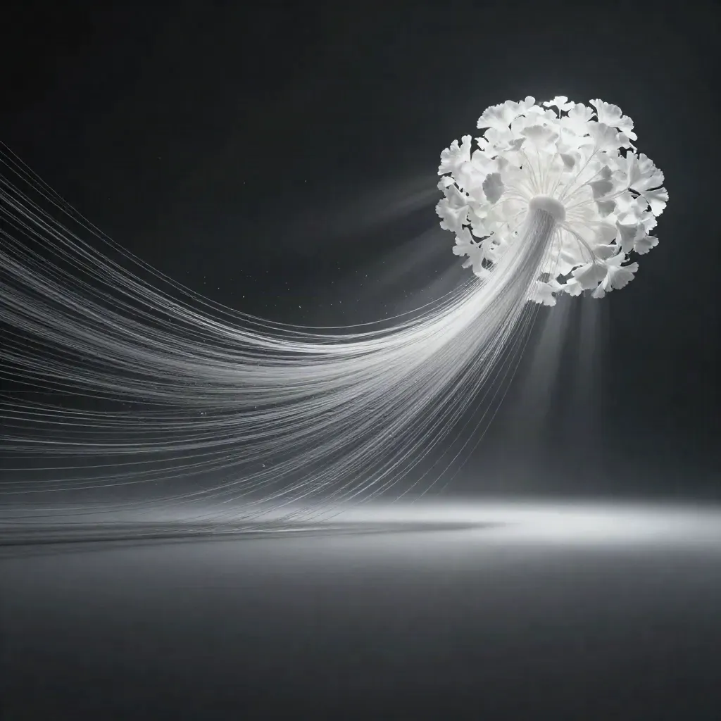 Fasci di luce argento convergono in un bloom su sfondo grafite con foschia e particelle sospese.